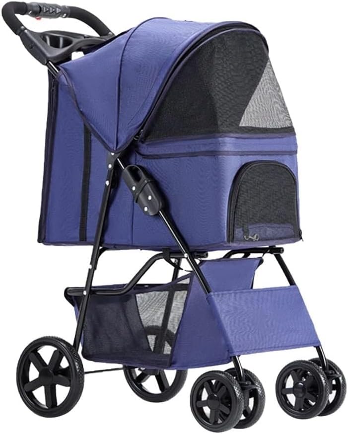 Folding Dog and Cat Stroller with Cup Holder, Lightweight Pet Travel Pram, Pushchair for Small Medium Dogs and Cats(Blue)