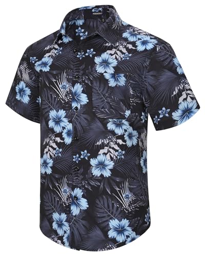 Hawaiian Shirt for Men Black Floral Casual Summer Aloha Short Sleeve Beach Vacation Hawaii Button Down Holiday Tropical Luau Cruise Costume Outfits