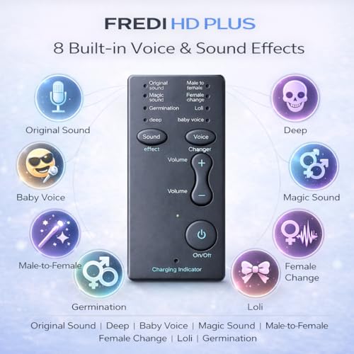 Image of FREDI HD PLUS Mobile Voice Changer Device with 8 Built-in Sound Effects | Rechargeable Portable Audio Voice Modifier with Easy Button & Volume Control | Compatible with Android & iOS Smartphones