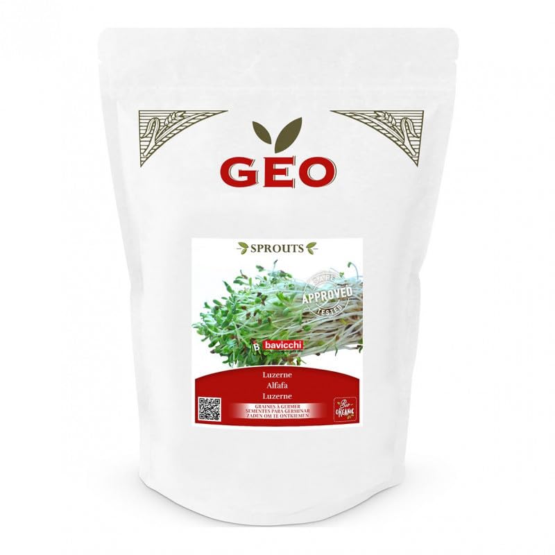 Kit Essentiel GEO – 6 Graines à Germer 100% Bio (2,55 kg) | Luzerne, Radis Rose, Fenugrec, Pois Verts, Moutarde & Ciboulette-Ail | Haute germination ≥ 95% | Longue conservation | Vegan & Sans OGM