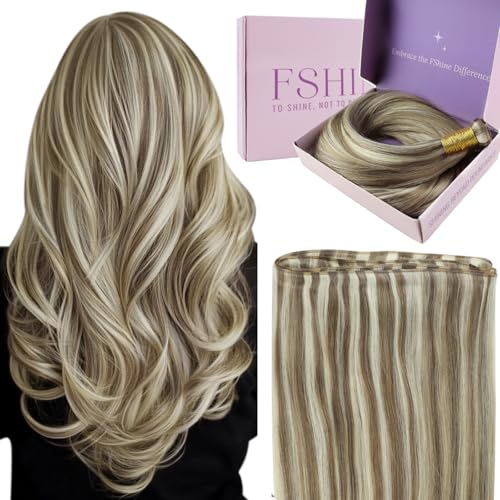 Fshine Genius Weft Hair Extensions Human Hair, Light Brown Highlight