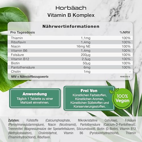 Vitamin B Komplex Hochdosiert | Alle 8 B-Vitamine: B1, B2, B3, B5, B6, B7, B9 und B12 | 1 Jahr Vorrat - 365 Vegane Tabletten | von Horbaach