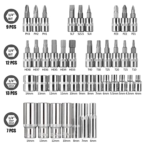 Image of Egofine 53 Pieces 1 /4 inch Drive Socket Ratchet Wrench Set with 72 Tooth Reversible Ratchet, with Bit Socket Set and Extension Bar for Auto Repairing and Household, with Storage Case
