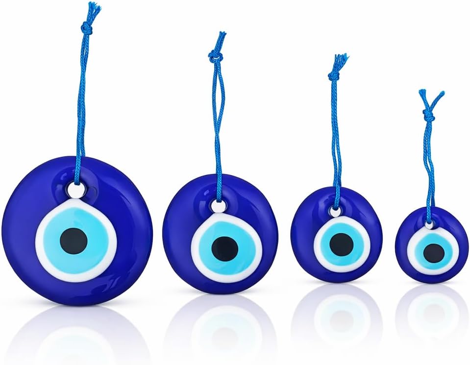 Turkish Evil Eye Decor Ornament Set of 4 - Blue Evil Eye Wall Hanging in a Box - Home Protection Charm Evil Eye Wall Decor - Turkish Nazar Amulet