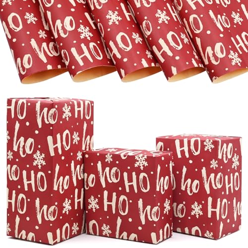 Red Christmas Wrapping Paper 5Pcs, 50 * 70cm Kraft Wrapping Paper for Xmas Winter Party Gift Wrap-White Ho