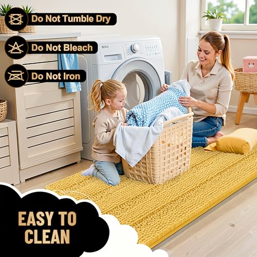 Image of OLANLY Thick Bathroom Runner Rugs 47x17, Extra Absorbent Chenille Striped Bath Rugs, Rubber Backing, Machine Wash Dry, Long Bath Mats for Bathroom Floor, Tub and Shower, Home Decor Accessories, Yellow