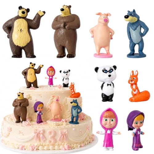 9 Stück Masha und Der Bär Figuren Tortendeko Masha Mi-NI Figuren Set Mascha und der Bär Mini Figuren Set Mini Tortenfiguren Figuren Tortendeko Party Kuchen Dekoration Lieferungen für Geburtstag Deko