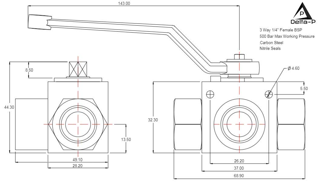 3-Way Hydraulic Ball Valve - 1/4" BSP Threads, 500 Bar Working Pressure, With Mounting Holes For Easy Installation