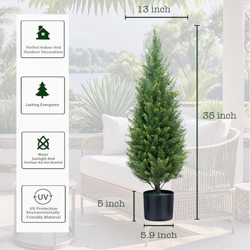 Artificial Topiary Trees 3 Foot Artificial Cedar Trees UV Resistant Potted Plant Set of 2 Faux Bushes Fake Shrubs for Outdoor Indoor Front Porch Garden - Thumbnail 6