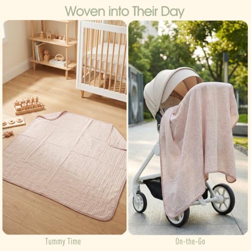 Image of Ultra Soft Muslin Baby Blanket - Made with Organic Cotton, Earthy Botanicals Jacquard Swaddle & Crib Quilt, 43x43 (Dusty Pink Stripes)