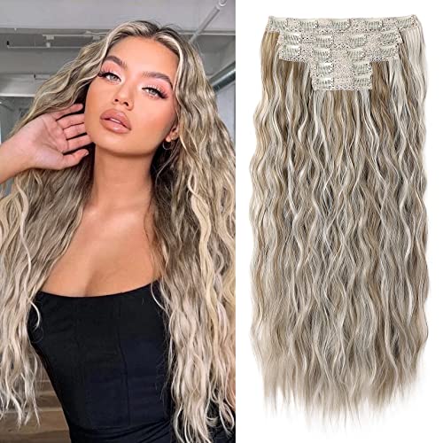 REECHO Clip in Extensions, 5 Teile Haarverlängerungen zum Einclipsen dicke lange lockere Wellen Haarverlängerungen Unsichtbare Spitze Flechte Natürliche - Aschbraun mit Platium-Highlights