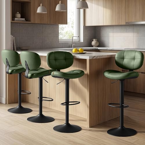 Image of VASAGLE Bar Stools Set of 4, Height Adjustable Kitchen Barstools, Swivel Bar Chairs with Back and Footrest, Quilt PU Leather Surface, Dining Room, Counter, Steel, Forest Green ULJB150C101S-2J
