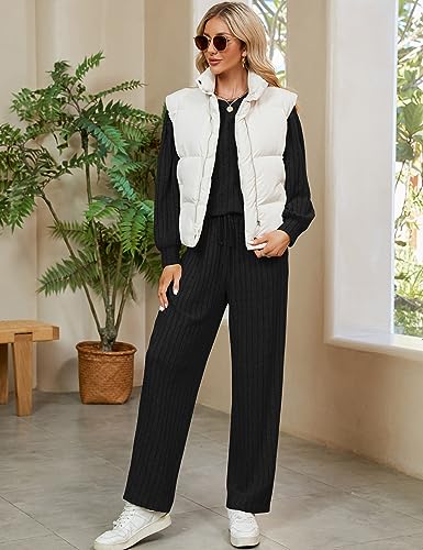 Image of Blooming Jelly Women Ribbed Long Sleeve Pajama Sets Fall Loungewear Pockets