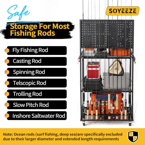 Image of SOYEEZE Fishing Rod Holders for Garage, Fishing Pole Holder Up to 12 Rods with Pegboard and Hooks,Rolling Fishing Cart with Wheels, Fishing Gear Storage For Tackle Box & Reel Organization-4 Side Fence