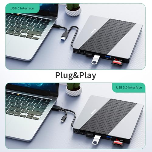 Image of SUIDEK External CD DVD Drive, USB 3.0 USB C Portable CD DVD Drive for PC | + /-RW Burner DVD Player for Laptop with SD /Micro SD Card Reader 8 in 1 Hub Compatible with Laptop Mac PC Windows Linux