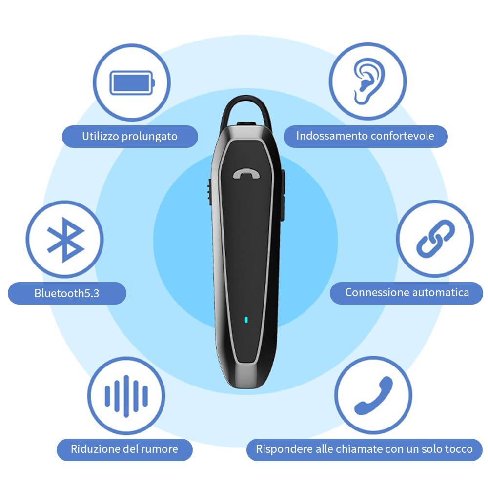 Auricolari wireless Bluetooth 5.3, autonomia standby fino a 280 ore, 33 ore di conversazione, utilizzabili in modalità mono, riduzione rumore, connessione a due dispositivi.(Nero)