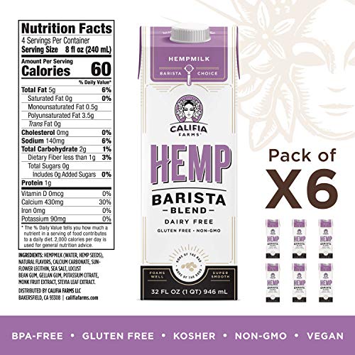 Califia Farms - Hemp Milk, Barista Blend, 32 Oz (Pack Of 6) | Shelf Stable | Non Dairy Milk | Creamer | Vegan | Plant Based | Gluten-Free | Non-Gmo, 32 Fl Oz (Pack of 6) - Thumbnail 2