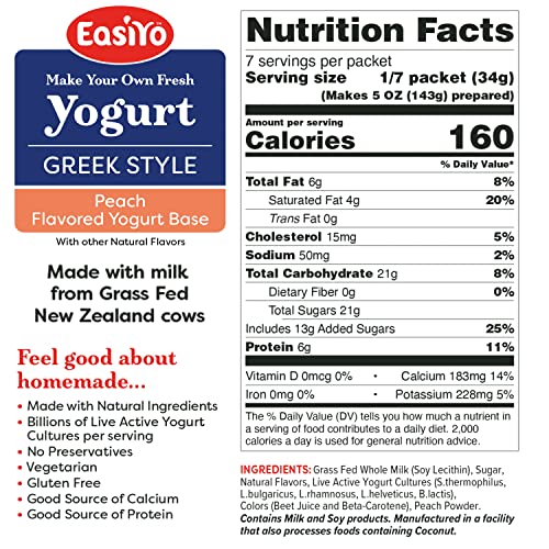 Easiyo Greek Style Peach Flavored Yogurt Base (3-Pack, 21 Servings) With Live Cultures | Easy & Fresh Homemade Yogurt | Use With Easiyo Maker | New Zealand Milk From Grass Fed Cows #TOP5