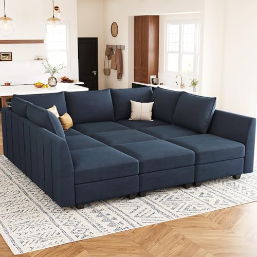 Belffin Large Modular Sectional Sofa Sleeper Couch with Storage Velvet Sectional Sofa Bed for Living Room, 9 Seats, Blue Blue 9 Seats - Large