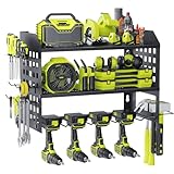 BILIONE Wall Mounted Power Tool Organizer, 3-Tier Heavy Duty Tool Storage Rack with 4 Drill Holders, Alloy Steel Garage Tool Shelving with Hooks for Workshop, Shed, Black