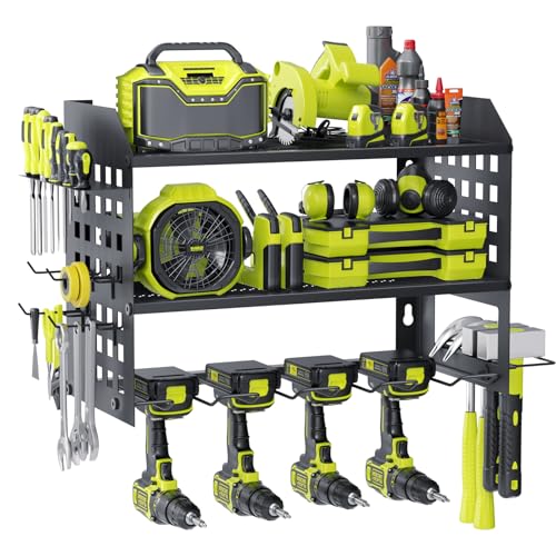 BILIONE Wall Mounted Power Tool Organizer 3-Tier Heavy Duty Tool Storage Rack with 4 Drill Holders Alloy Steel Garage Tool Shelving with Hooks for Workshop Shed Black