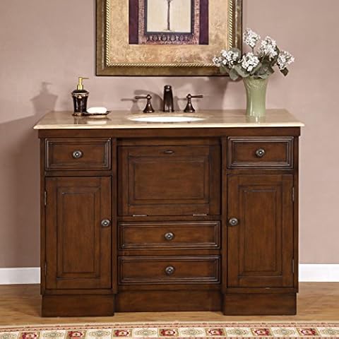 Silkroad Exclusive Hyp-0718-T-Uic-48 Travertine Stone Single Sink Bathroom Vanity with Cabinet, 48", Medium Wood Cover