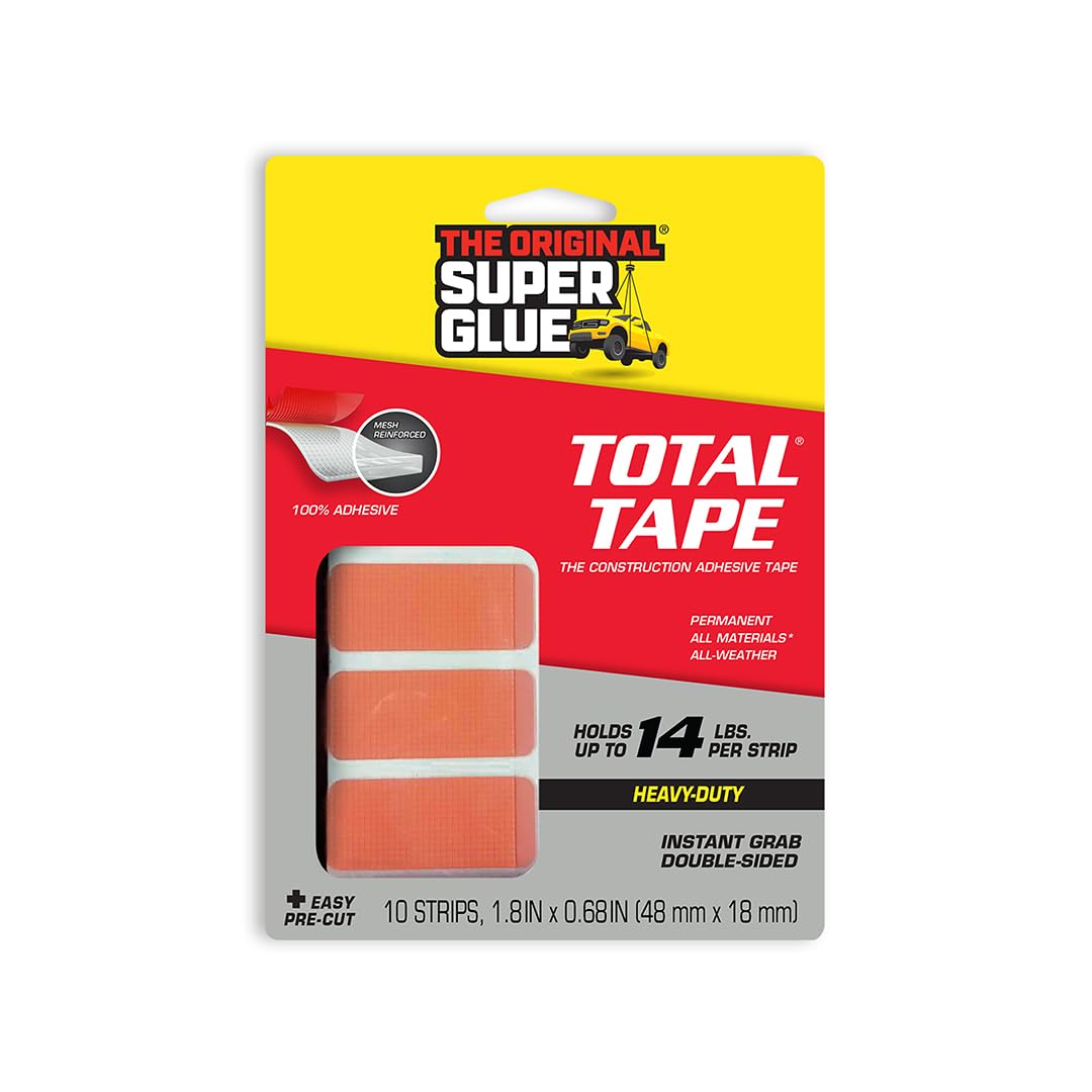 Super Glue, Total Tape Precut Strips, 10 Strips, Strong Indoor & Outdoor Construction Adhesive, Holds 14 lbs. per Strip, Permanent Bonding, All-Weather, Mesh Reinforced, Easy-to-Use Double-Sided Tape