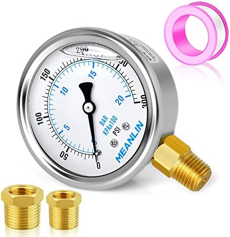 MEANLIN MEASURE 0~300Psi Stainless Steel 1/4" NPT 2.5" FACE DIAL Liquid Filled Pressure Gauge WOG Water Oil Gas Lower Mount, with 1/4" x 1/2" NPT and 1/4" x 3/8" NPT Hex Bushing