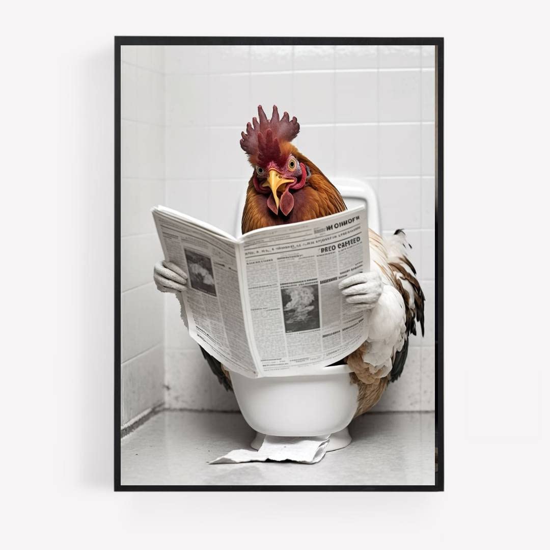 gfc Funny Bathroom Toilet animal Print Picture Poster chicken on a toilet reading newspaper A4 UNFRAMED wall art Home decor Decorating