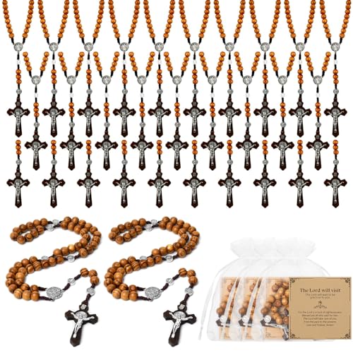 Wooden Rosary Necklace, Handmade Rosary Beads Necklace, Prayer Holy Soil Medal and Metal Cross For Catholic Or Christian Gift, Pouch Baptism Favors Gift