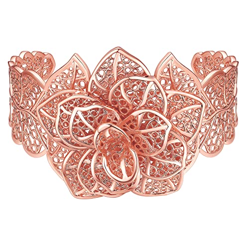 Bracelet manchette femme large fleurs creuses multicouches plaqué or