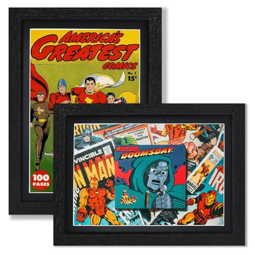 Image of JupDec Comic Book Frame, Premium Wood Display Case for 6 11 /16 inch x 10 3 /16 inch Comic, Wall Mount or Tabletop Stand, Layered Design with Positioning Mat, Perfect for Home Decor, 2 Pack, Black