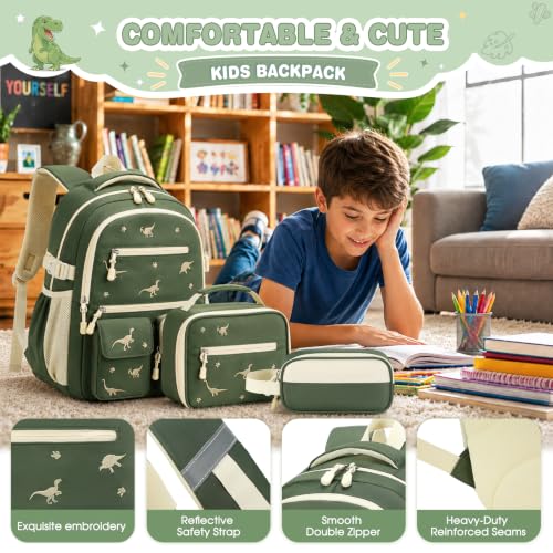 Image of DIGOBAY Backpack for Boys 6-8, 3PCS Embroidery Toddler Boys Backpack with Lunch Bag Pencil Case, 15.7 inch Kids School Bookbag for Preschool Kindergarten Elementary Daycare Backpacks, Green Dinosaur