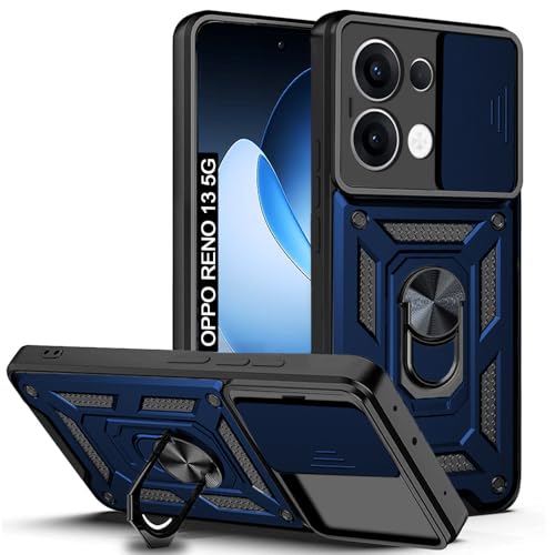Image of AESTMO Tough Armor Oppo Reno13 5G Bumper Back Case Cover | Ring Holder & Sliding Camera Cover | 360 Degree Protection Back Case Cover for Oppo Reno13 5G (Blue)