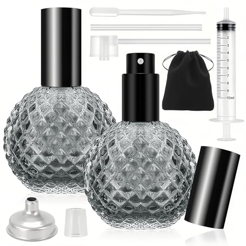 Maxumille 2PCS 100ml Vintage Gray Perfume Atomiser Refillable, 100ml perfume bottle with Carrying Case for Traveling, Transparent Portable Glass Atomiser Refill Spray Bottle for Daily Use
