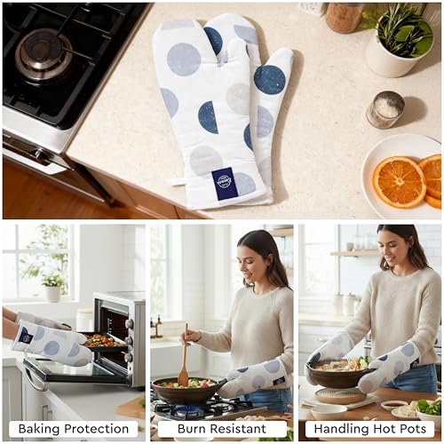 Image of Encasa XO Extra Long 18x35 cm Microwave Oven Gloves Mitts (2 pcs) for Kitchen Cooking - Blue Moon - Heat Resistant, Thick & Safe, Protection of Hands from Hot Utensils, Gas Flame, Grill, Barbecue