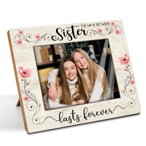 KLYTINK Rustic Wood Picture Frame for 5x7 Photo Farmhouse Photo Frame The Love Between Sister Lasts Forever Fun Friendship Gift for Sisters Besties Roommates Birthday or Graduation(Sister-1)