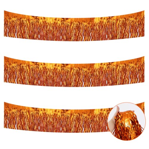 Image of BEISHIDA 3 Pack Orange Wavy Foil Fringe Garland 30ft Tinsel Wall Decor