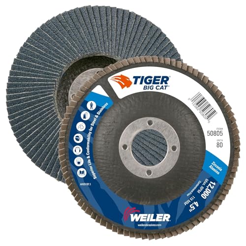 Image of Weiler 50805 Big Cat High Density Abrasive Flap Disc, Type 27, Round Hole, Phenolic Backing, Zirconia Alumina, 4-1 /2 inch Dia., 80 Grit (Pack of 10)