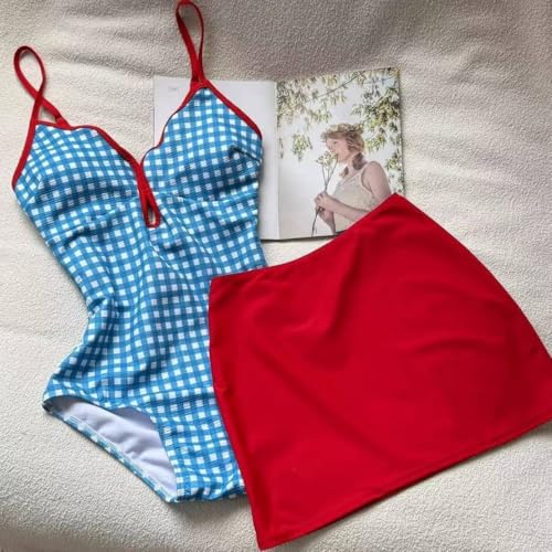 Kidcore Plaid Swimsuit One Piece Teen Girls Contrast Color Y2k Lace Up Back Bathing Suit V Neck Slimming Swimwear3