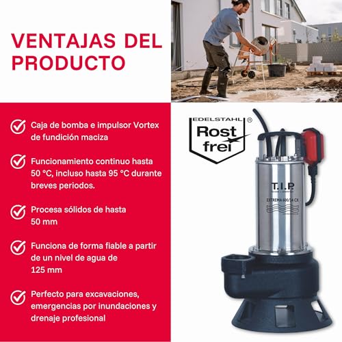 Foto von T.I.P. Extrema 600/14 CX Edelstahl Schmutzwasser Tauchpumpe - Baupumpe mit 36.000l/h Leistung, Wasserdicht, Robust für Flüssigkeit bis 95°C, 30194