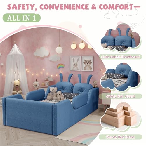 Image of Twin Size Kids Floor Bed Frame, Upholstered Montessori Platform Bed W /Removable Rails Cute Daybed Frame for Girls Boys, No Box Spring Required,Blue