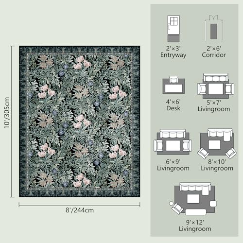 Image of Washable Area Rugs 8x10 Black Green Vintage Floral Botanical Pattern,Perfect for Living Room, Bedroom, Kids Room, Nursery - Stain & Water Resistant Non-Slip, Pet & Child Friendly /Bedroom Decor