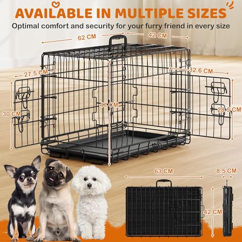 Image of Yaheetech 24inch Double Door Dog Crate w /Divider, Collapsible Metal Kennel | Heavy-duty Sturdy Metal Frame, Easy Assemble, Fold Up for Travel, Removable Tray, Ideal for Puppies, Small Dogs