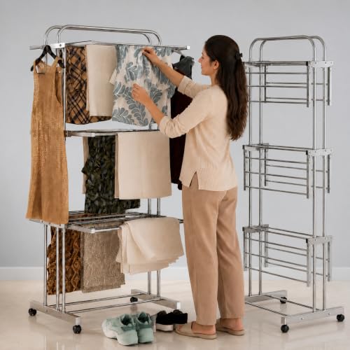 Image of LAPO Stainless Steel Cloth Drying Stand with Wheels | 3 Tier Foldable Laundry Rack | Side Wings & Hanger Rails | Rust Resistant Portable Clothes Dryer | Home, Balcony, Indoor & Outdoor Use