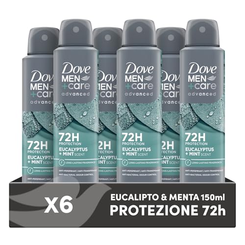 Dove Deodorante Dove Men + Care Eucalipto e Menta Spray Advanced Care, Deodorante Uomo, con 1/4 Crema Idratante, Formula Idratante e Delicata sulla Pelle, Protezione Fino a 72 Ore, 6 Pezzi da 150 ml