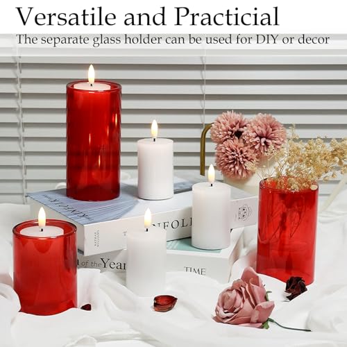 NURADA Flameless Candles with Remote Timer - Glass Real Wax 3D Wick LED Pillar Votive Candle Set Battery Operated Flickering Light for Christmas Home Wedding Party Decoration -Red 3 Pack by NURADA - Used condition - Image 5