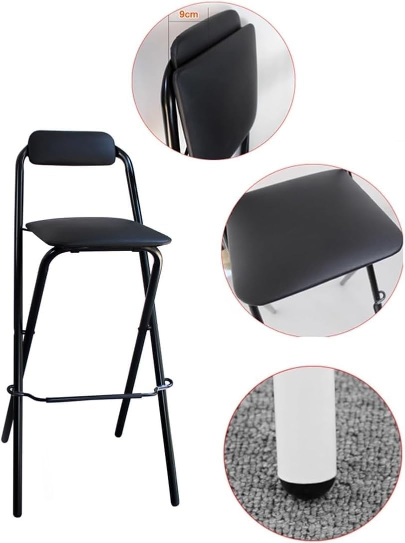 Folding Bar Stool with Back and Footrest Portable High Chair with Cushion Seat & Metal Frame 26inch White(Black,65cm)