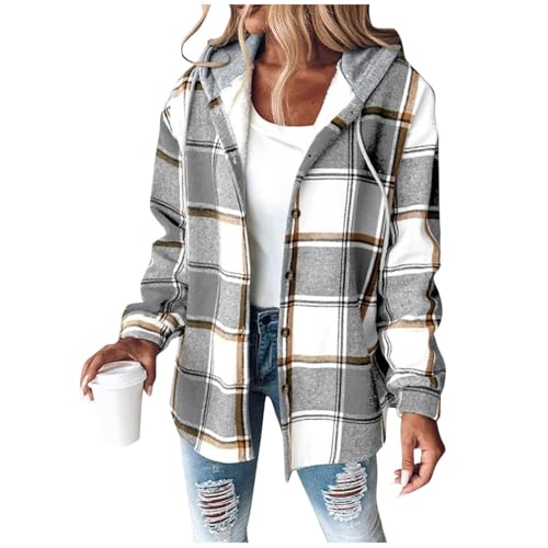 AACH Fleecejacke Damen Dicke Kapuzenjacke Winter Warme Hoodie Modische Knöpfen Winterjacke Vintage Casual Übergangsjacke Kariert Druck Kapuzenpullover Klassische Bequem...