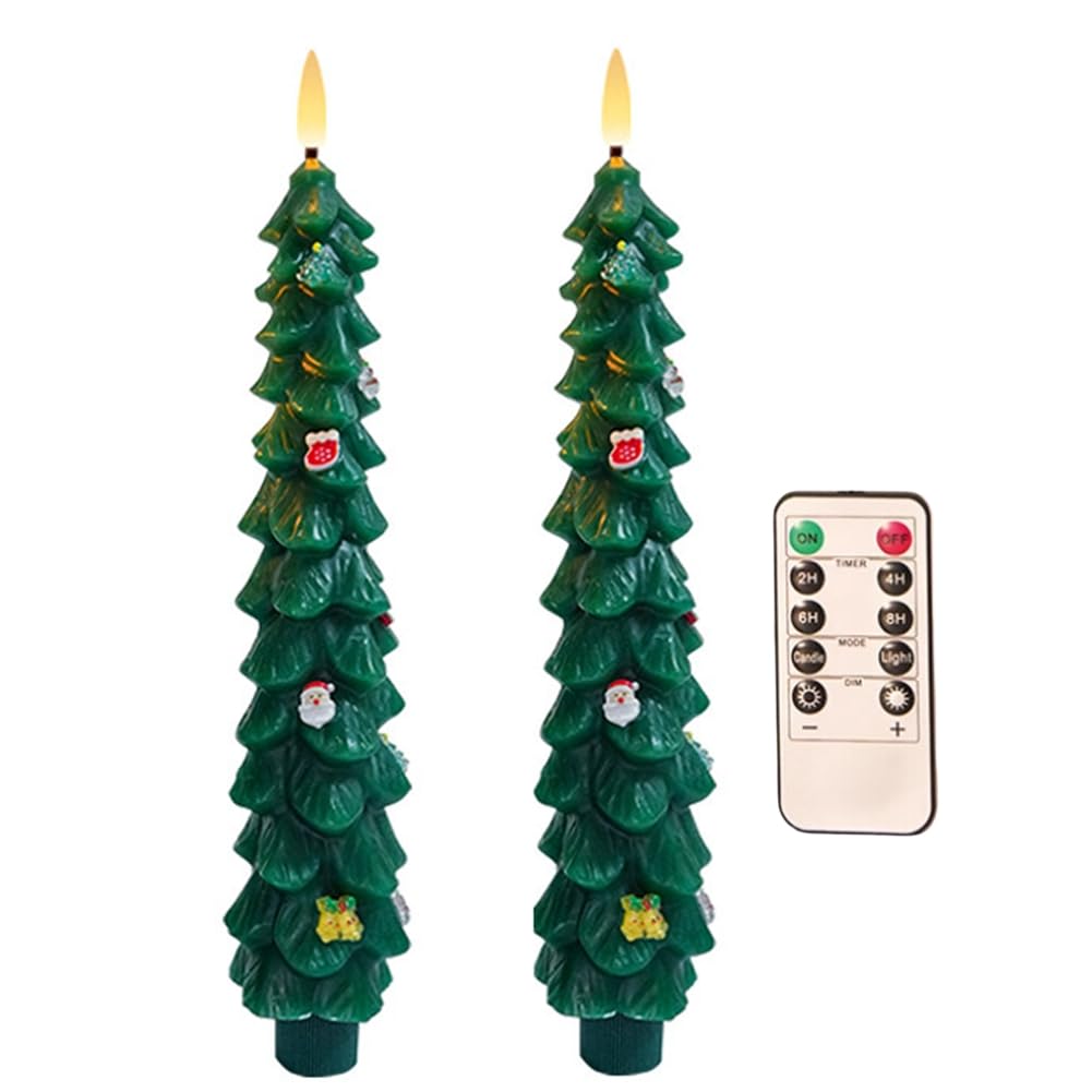 Vjsujehgy Battery Operated Tree LED Candles 2 PCS Christmas Tree Taper Candles Flameless for Home Decor Christmas Tree Wax